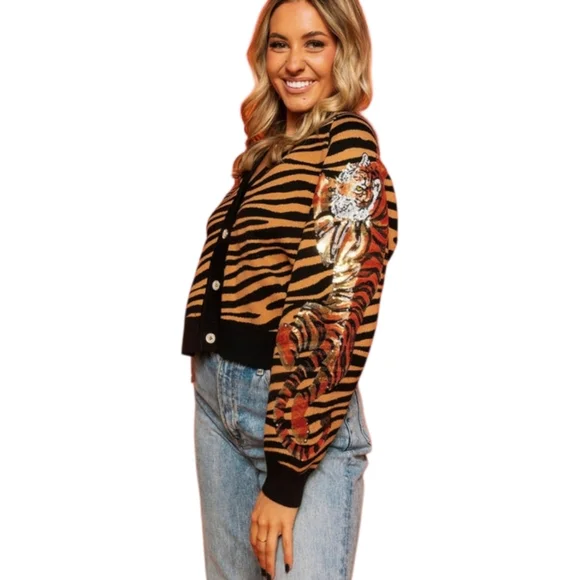 Queen of Sparkles Tiger Stripe Cardigan Sequin Tigers Black Camel Medium - Picture 2 of 14